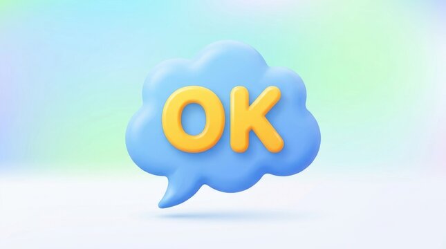 3d blue speech bubble with yellow ok text isolated on white background