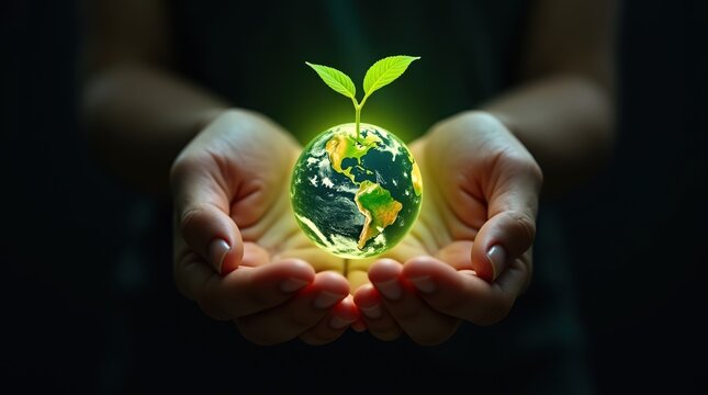 Hands holding a glowing tiny green planet earth with a growing sprout in dark environment