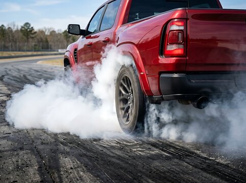Red pickup truck drifting on asphalt road with smoke