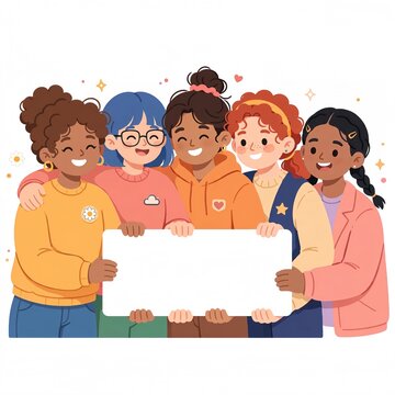 Cute Diverse Friends Group Hugging Holding Blank Label  