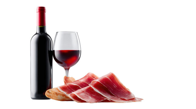Red wine bottle and glass with sliced cured ham on bread isolated on transparent background
