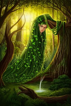 Enchanting Forest Nymph Emerging from Vines