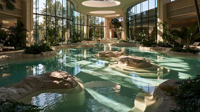 Luxurious indoor swimming pool with rock formations and floor to ceiling windows