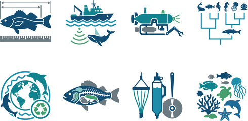 Obraz premium Marine Biology Illustration Collection with Fish Research Ocean Life and Aquatic Icons