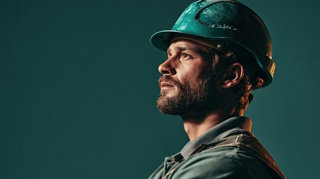 Construction Worker in a Teal Hard Hat Against a Teal Background