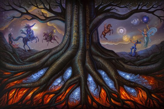 Norse Mythology Tree of Life with Gods and Celestial Elements