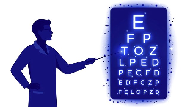 Eye test chart with doctor silhouette white background.