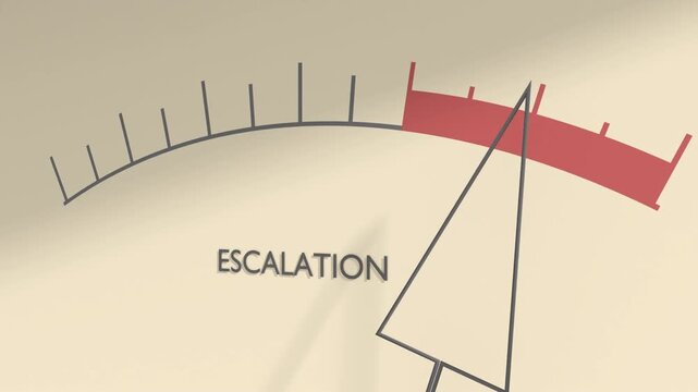 Escalation meter showing big levels. Dangerously increasing high values of escalation, critical overload. Too much, off the charts. Politic and social concept.