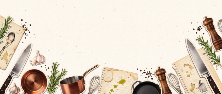 Aromatic culinary spices garlic herbs and olive oil on wooden table. Gourmet cooking ingredients border creates delicious recipe layout. Rustic kitchen food seasoning. Wide banner, copy space.