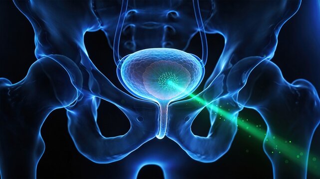Prostate hyperplasia treatment with green laser in 3D illustration