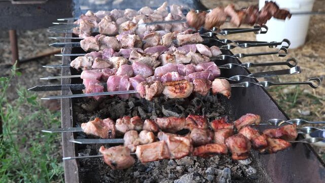 Raw and cooking shashlik skewers over hot charcoal grill at an outdoor barbecue