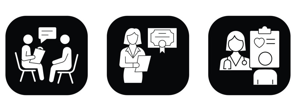 Medical consultation and therapy session solid icon set, healthcare professional and patient glyph symbols.