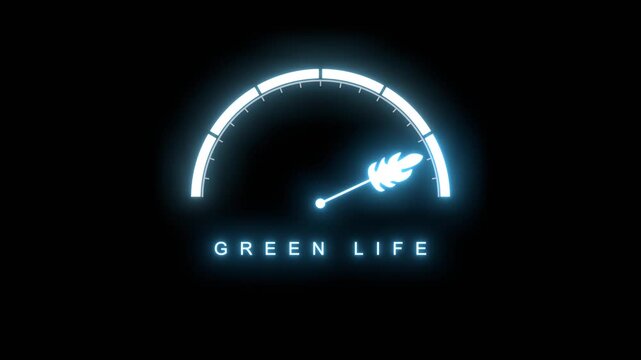A glowing neon dial scale with a leaf pointer carries an eco life motto. It presents nature, ecology, plant world, sustainability, organic living, clean environment, health, wellness and harmony.