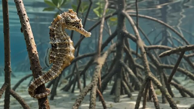 Seahorse Among Mangrove Roots: A majestic seahorse, with its intricate patterns and curled tail, clings to a submerged mangrove root in a crystal-clear aquatic environment.