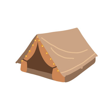 Camping tent decorated with string lights. Portable tarp home for outdoor adventures. Сampsite summer recreation. Tourists equipment. Flat vector illustration