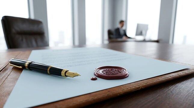 Elegant fountain pen lying on legal document with red wax seal on leather desk organizer in office setting representing contract signing and official agreement.
