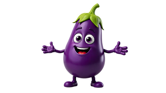 Cute 3D eggplant character with smiling face and open arms cheerful purple vegetable mascot isolated on white background