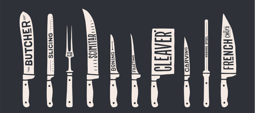 Knife, collection. Fish, meat cutting kitchen knives set. Poster butcher diagram scheme, Fish, meat Knife. Set butcher meat knives, butcher shop. Knife icon, knives silhouette. Vector illustration
