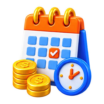 3D render of a calendar with a checkmark, gold coins, and a clock for financial planning concepts