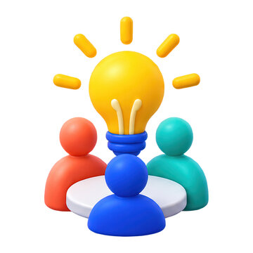 3D illustration of a creative team brainstorming around a table with a glowing light bulb icon