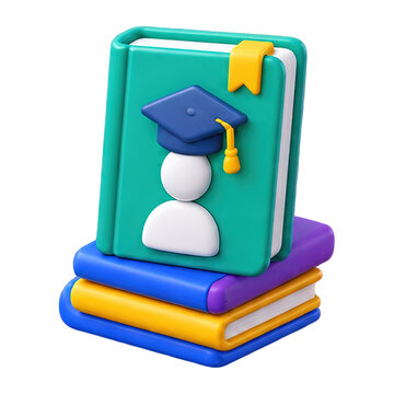 3D render of a stack of colorful books with a graduation cap icon on the top cover for education