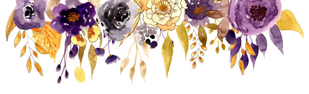Watercolor purple floral horizontal border header arrangement with plum roses and golden leaves