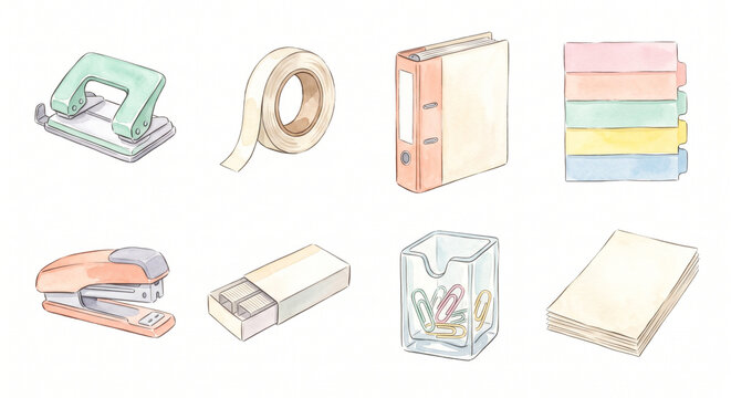 穴あけパンチと書類の製本用品 アイコンセット 水彩