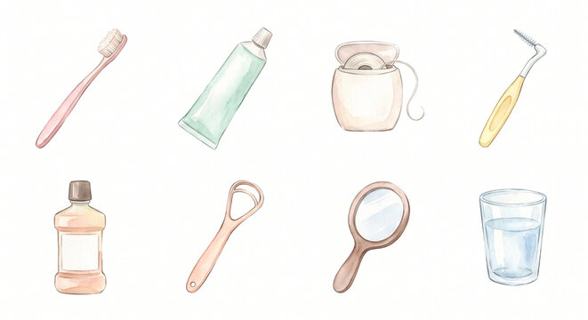 歯周病と歯ぐきのケア用品 アイコンセット 水彩