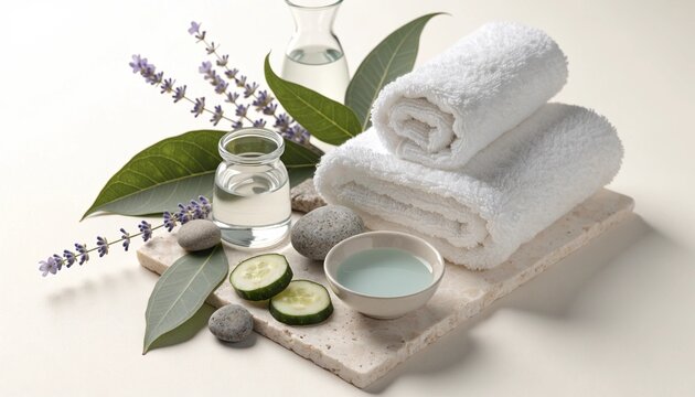 Spa items with towels and cucumber slices
