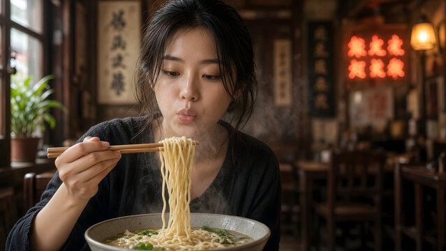 Asian Woman Eating Noodles with Chopsticks at a Casual Restaurant, Enjoying a Delicious Asian Meal and Relaxed Dining Lifestyle