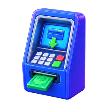 3D render of a blue automated teller machine dispensing cash isolated on a white background