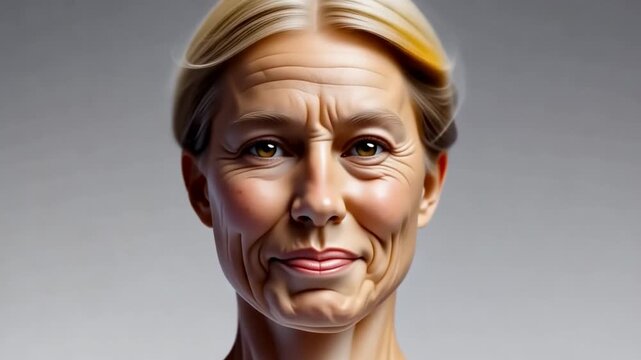 Woman's face aging progression with cinematic lighting and subtle camera movement over time