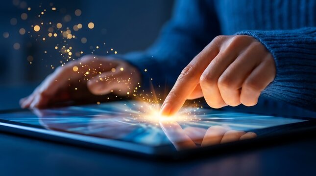 Person interacts with a modern digital tablet screen creating bright glowing light effects and sparkles with a finger touch on the reflective glass surface.