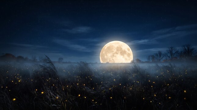 Full moon rising over a grass field at night with clear sky and stars