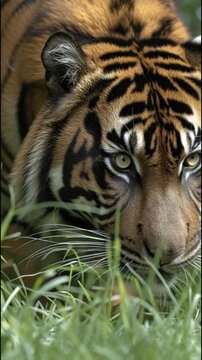 Sumatran Tiger Stalk Prey Grass Crouch in the Wild Nature Habitat of Tropical Rainforest Foliage