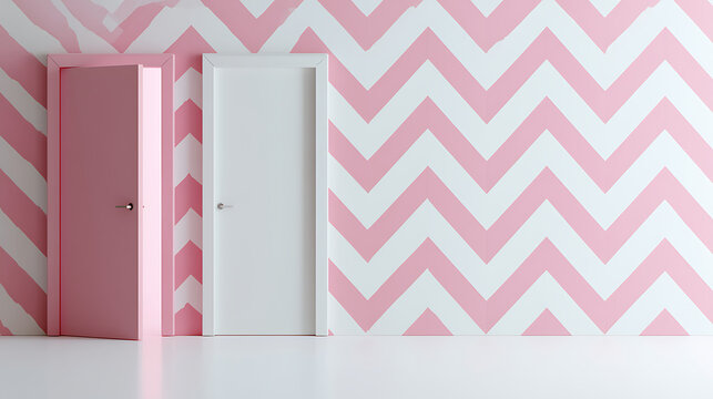 Pink and white zigzag patterned wall with an open and closed door in a minimalist interior