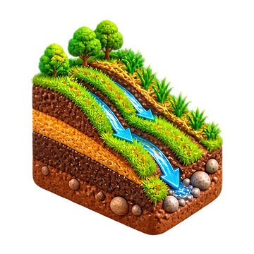 Cross section of a grassy hillside showing water runoff and soil layers in a 3D isometric view