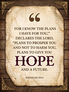 Vintage parchment paper with Jeremiah 29 11 bible verse quote on a dark rustic wooden background