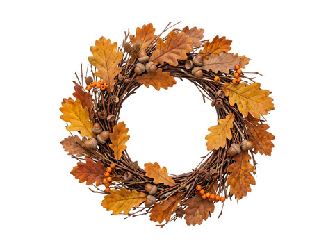 Small autumn wreath made from natural acorns, oak leaves and thin brown branches, rustic seasonal decoration for fall design.