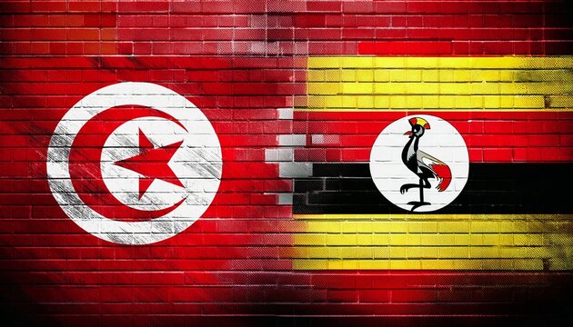 tunisia flag and Uganda flag graffiti on brick wall