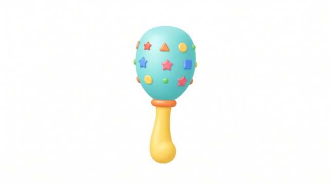 Brightly adorned light blue maraca featuring an array of colorful stars, triangles, and circles, a charming 3D rendered musical shaker for festive occasions and joyous melodies