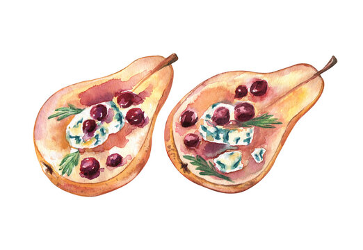 Watercolor illustration of baked pears with blue cheese, cranberries, and rosemary