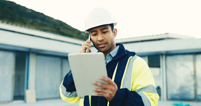 Phone call, man or engineer with tablet for building schedule, progress update or coordination. Tech, engineering and person talk with contact, construction development and project timeline outdoor