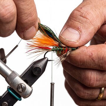 Traditional fly tying craft with colorful feathers, fisherman hands making artificial lure on vise, handmade fishing tackle for fly fishing