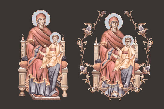 Blessed Virgin Mary and Jesus Christ sitting on throne. Christian pastel illustration set in Byzantine style isolated
