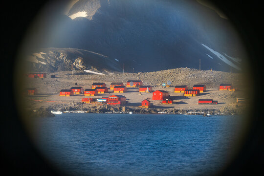 View of the red buildings of the research station at Esperanza Base, Antarctica.