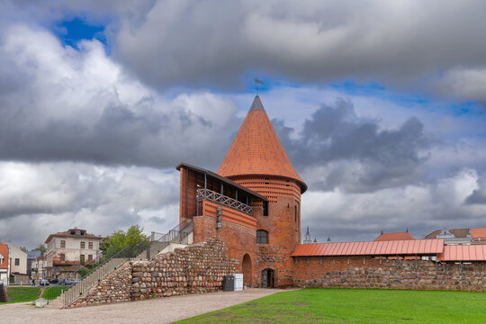 Kaunas Castle in Kaunas, Lithuania, view of the historic round brick tower. Medieval defensive architecture under daytime sky