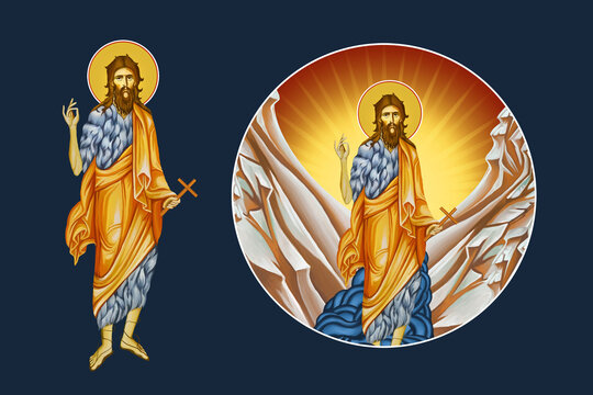 John Baptist, Saint John the Forerunner, John the Immerser, John the Baptizer. Illustration - fresco set in Byzantine style