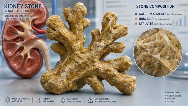 Realistic kidney stone model of renal calculus showing yellow brown surface texture and irregular shape with inset detailing mineral composition of calcium oxalate uric acid or struvite crystals