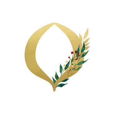 Golden Latin letter O in vintage church style with floral composition isolated